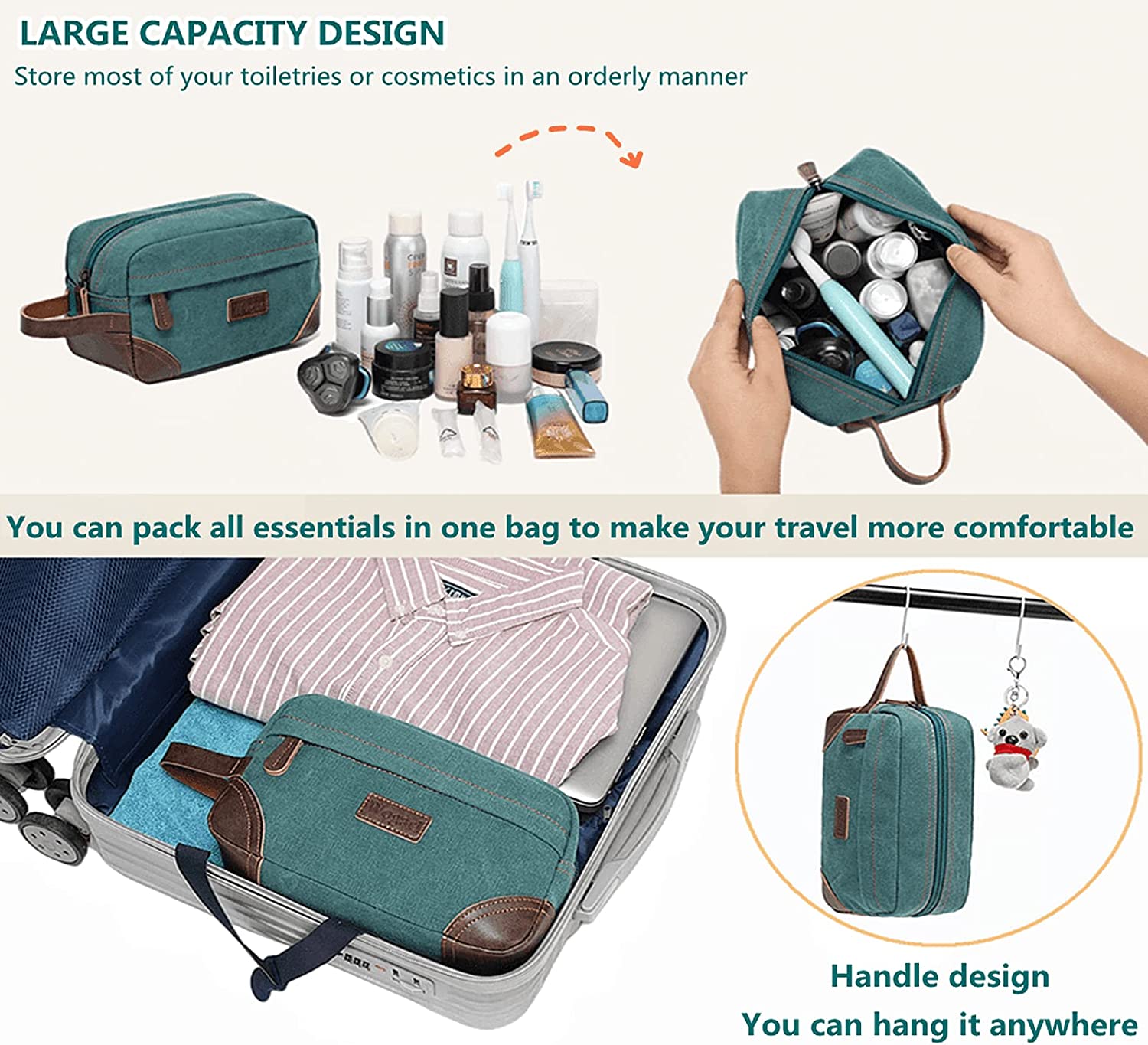Wogarl Toiletry Bag for Men， Leather and Canvas Travel Toiletry Bag Dopp Kit Shaving Bag for Travel Accessories (Army Green) - Image 4